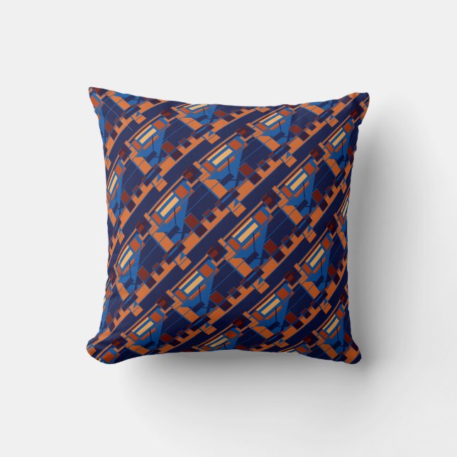 Orange Blue Rust Navy Diagonal Rows Art Design Cushion (Front)