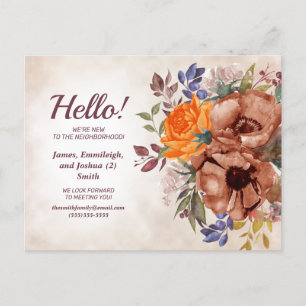 Orange Blue Rust Watercolor Floral New Neighbour  Announcement Postcard