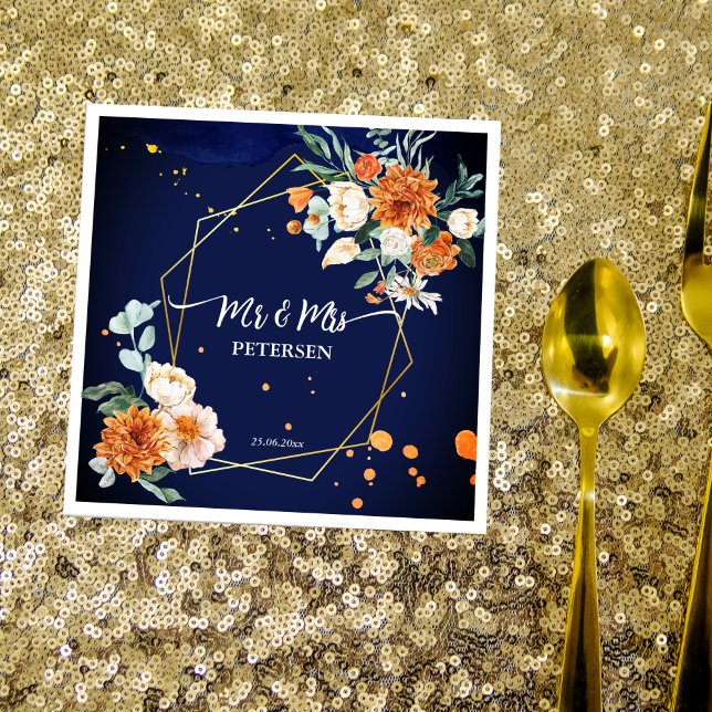 Orange blue sage flowers navy blue custom name napkin (Creator Uploaded)