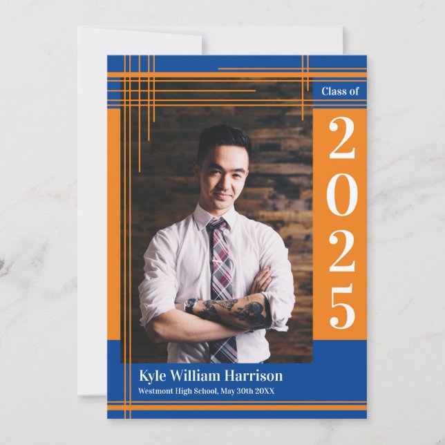 Orange Blue School Colour Graduation Photo Plaid Invitation (Front)