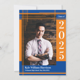 Orange Blue School Colour Graduation Photo Plaid Invitation