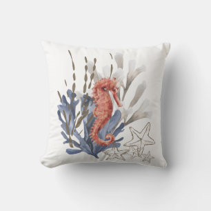 Orange Blue Seahorse Coral Starfish Nautical Beach Cushion