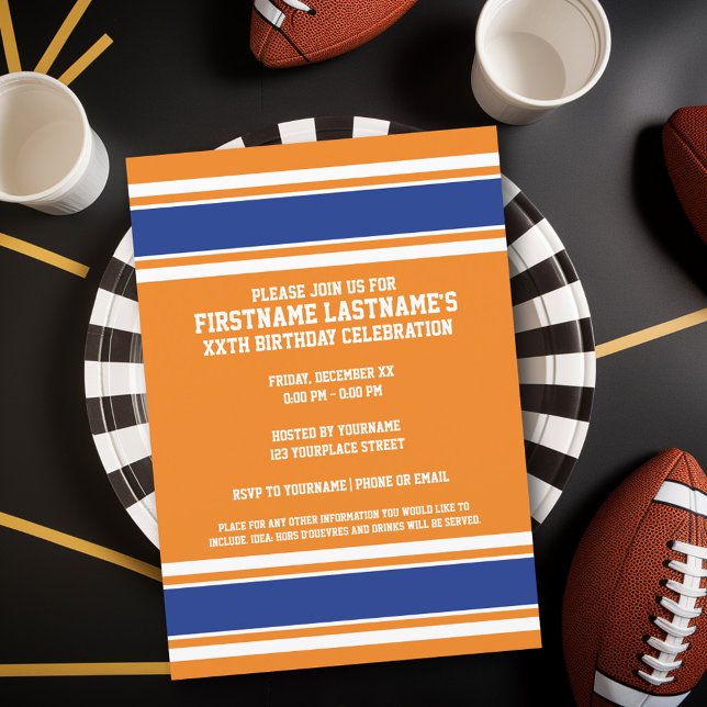 Orange Blue Sports Jersey Birthday party Invitation (Birthday Party Invitation - Sports Theme - Football Party Invitation)