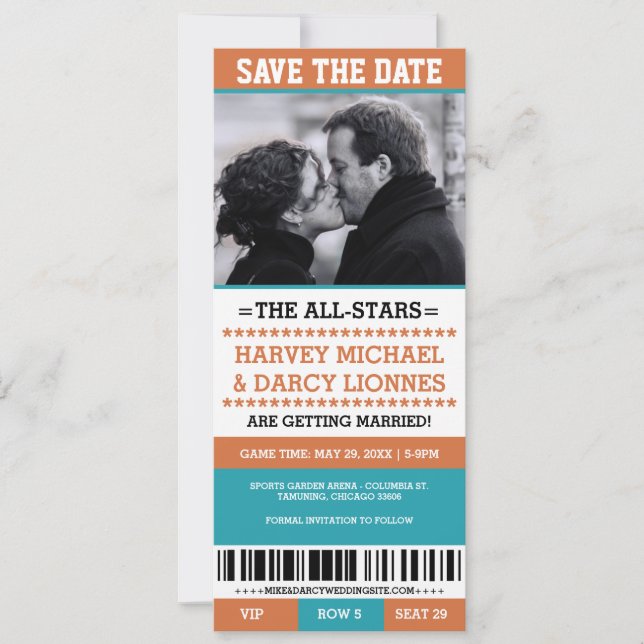 Orange & Blue Sports Ticket Save the Date (Front)