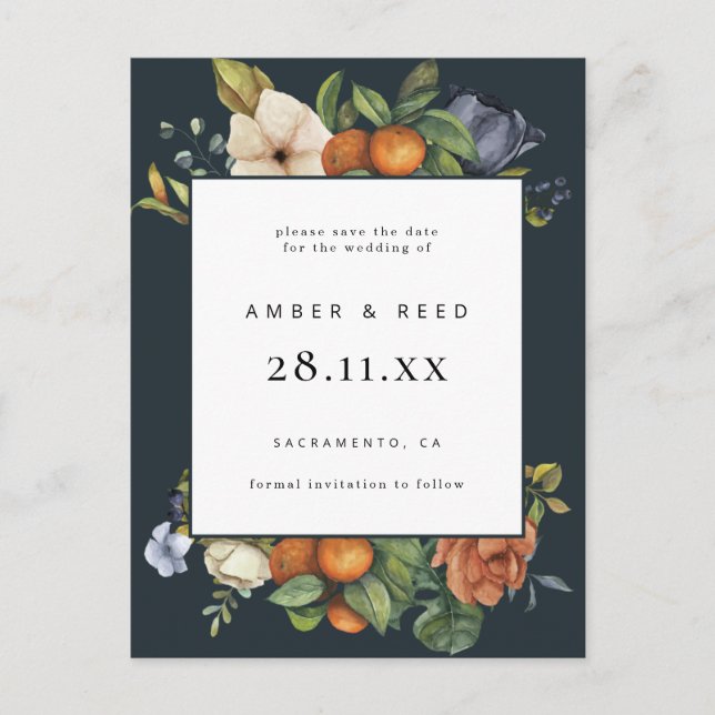Orange Blue Summer Botanical Boho Save the Date  Invitation Postcard (Front)