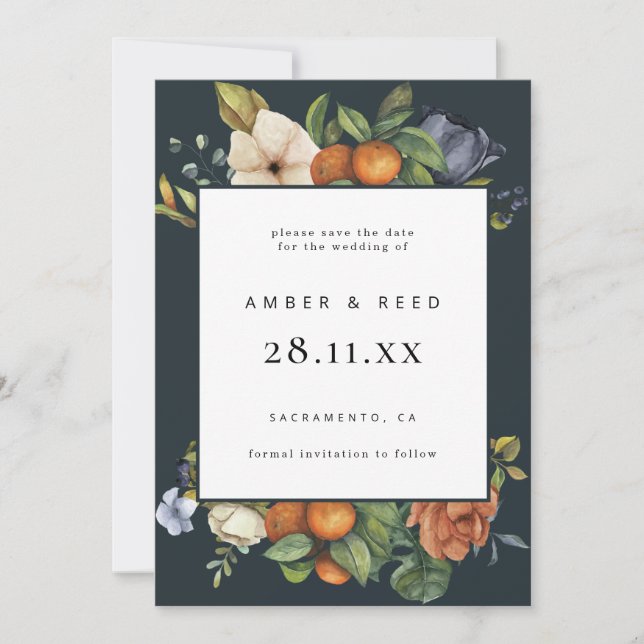 Orange Blue Summer Floral Botanical Boho  Save The Date (Front)