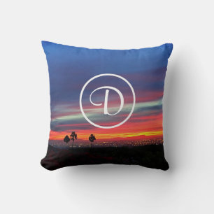 Orange blue sunset coastal photo custom monogram cushion