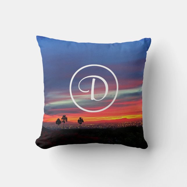 Orange blue sunset coastal photo custom monogram cushion (Front)