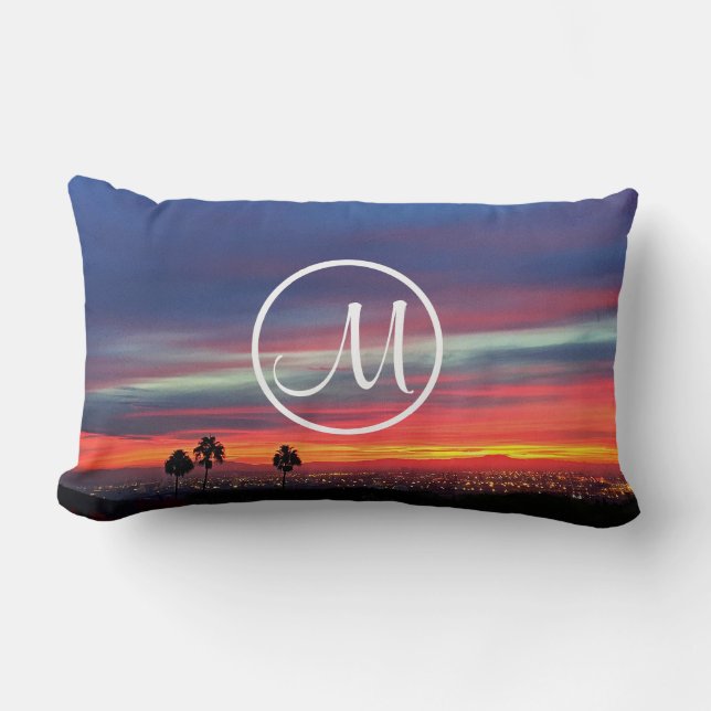 Orange blue sunset landscape photo custom monogram lumbar cushion (Front)