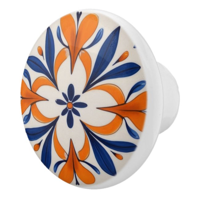 Orange & Blue Symmetrical Abstract Mediterranean Ceramic Knob (Right)