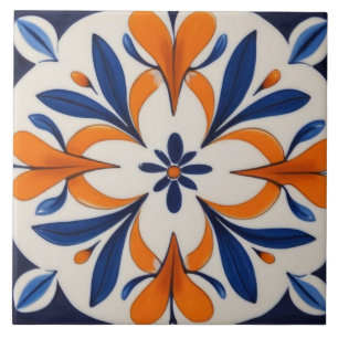 Orange & Blue Symmetrical Abstract Mediterranean Ceramic Tile