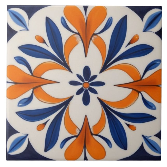 Orange & Blue Symmetrical Abstract Mediterranean Ceramic Tile (Front)