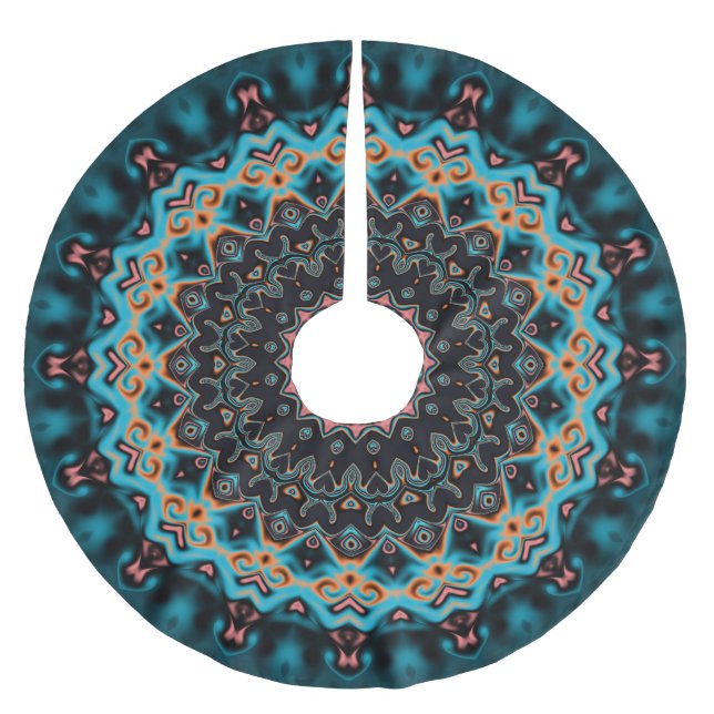 Orange Blue Teal Black Mandala Boho Art Brushed Polyester Tree Skirt (Front)