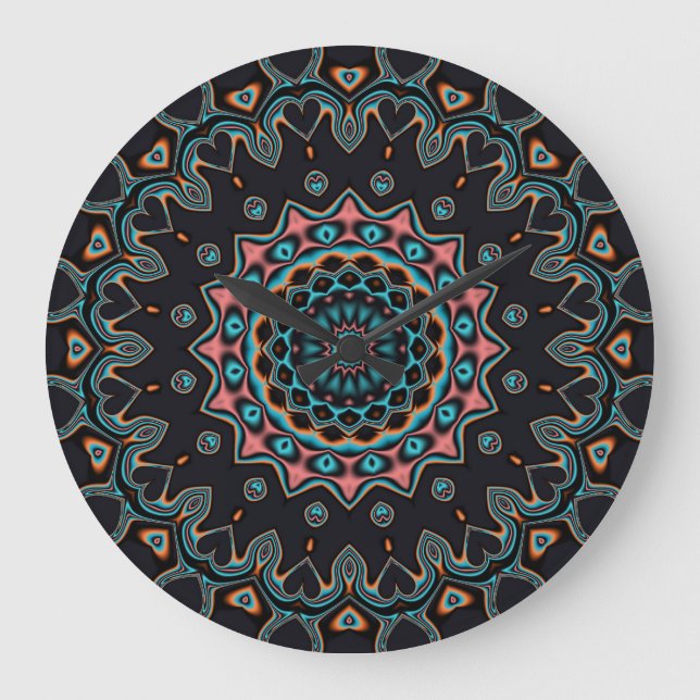 Orange Blue Teal Black Mandala Boho Art Large Clock (Front)