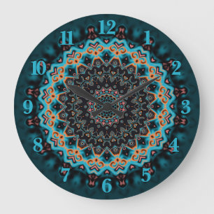 Orange Blue Teal Black Mandala Boho Art Large Clock