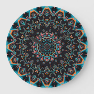 Orange Blue Teal Black Mandala Boho Art Large Clock