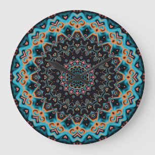 Orange Blue Teal Black Mandala Boho Art Large Clock