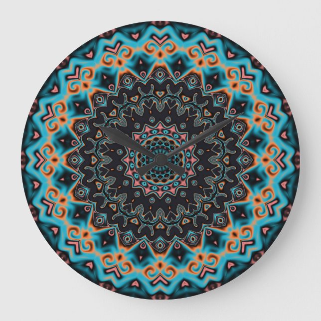 Orange Blue Teal Black Mandala Boho Art Large Clock (Front)