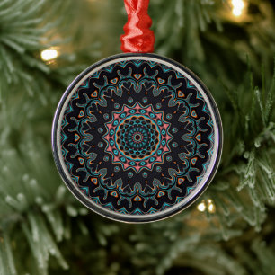 Orange Blue Teal Black Mandala Boho Art Metal Ornament