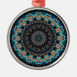Orange Blue Teal Black Mandala Boho Art Metal Ornament