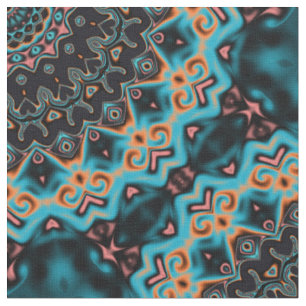 Orange Blue Teal Black Mandala Boho Pattern Fabric