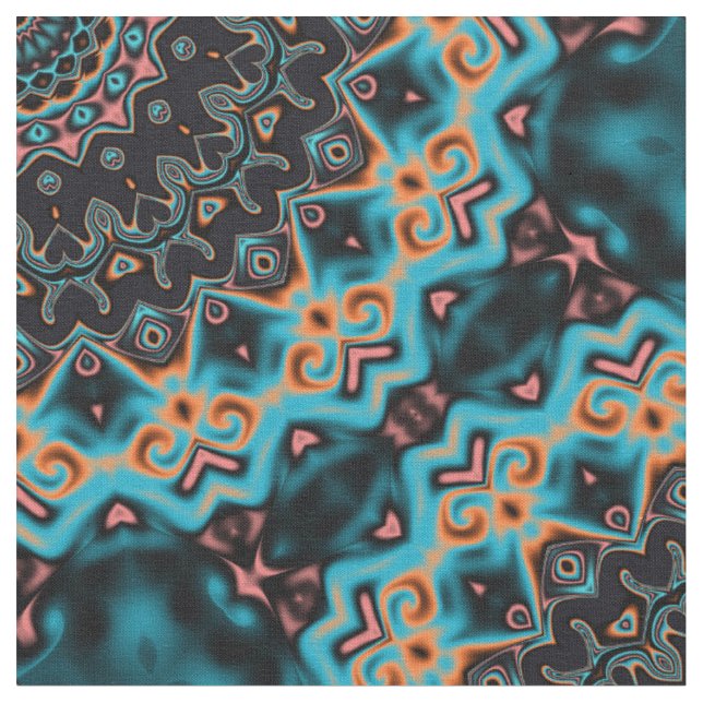 Orange Blue Teal Black Mandala Boho Pattern Fabric (Close Up)