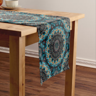 Orange Blue Teal Black Mandala Boho Pattern Short Table Runner