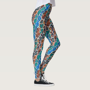 Orange Blue Teal Mosaic Stained Glass Abstraction Leggings