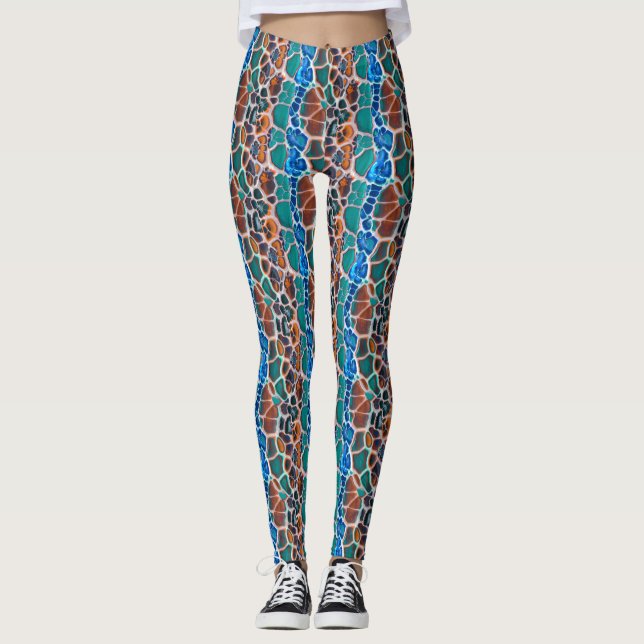 Orange Blue Teal Mosaic Stained Glass Abstraction  Leggings (Front)