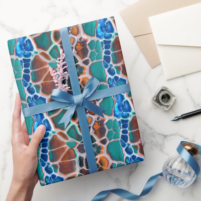 Orange Blue Teal Mosaic Stained Glass Abstraction Wrapping Paper (Gifting)