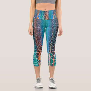 Orange Blue Teal Stained Glass Abstraction Pattern Capri Leggings