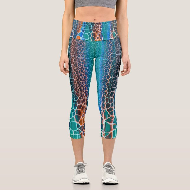 Orange Blue Teal Stained Glass Abstraction Pattern Capri Leggings (Front)