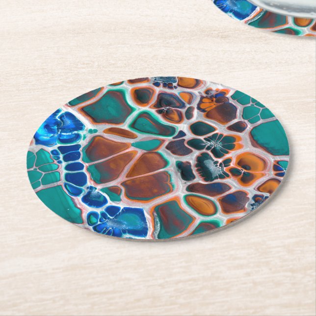 Orange Blue Teal Stained Glass Abstraction Pattern Round Paper Coaster (Angled)