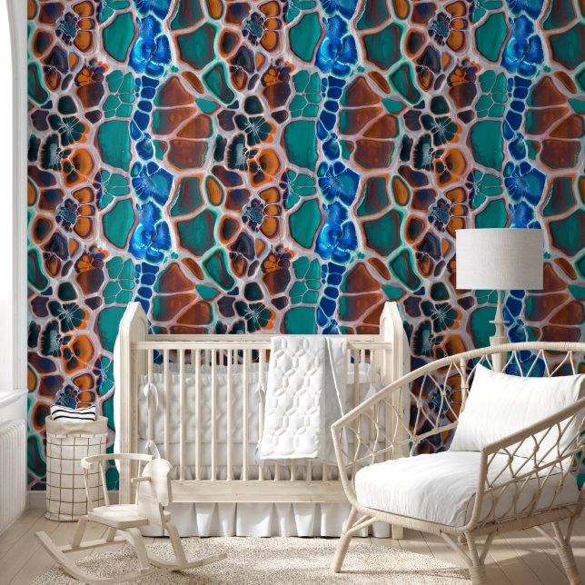 Orange Blue Teal Stained Glass Abstraction Pattern Wallpaper (Kids)