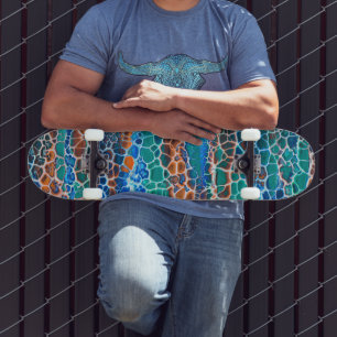 Orange Blue Teal Stained Glass Abstraction Skateboard