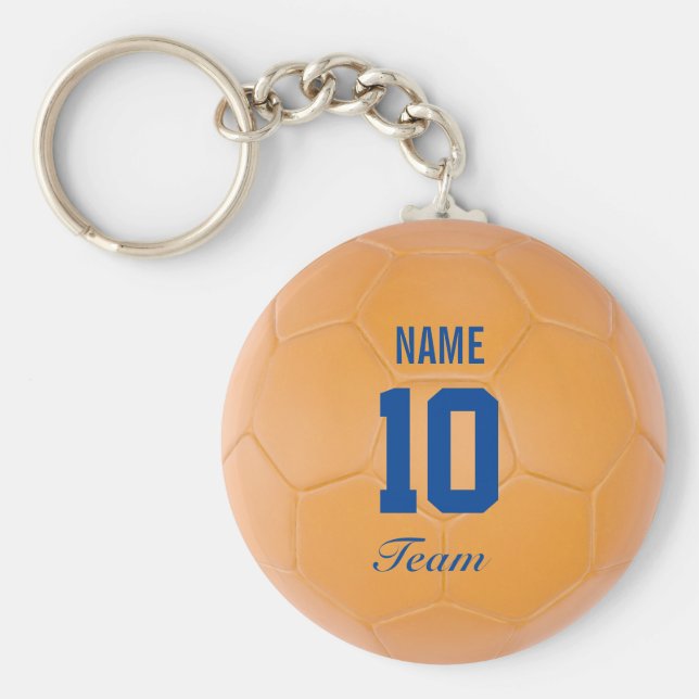 Orange Blue Team Soccer Ball Personalised Name Key Ring (Front)