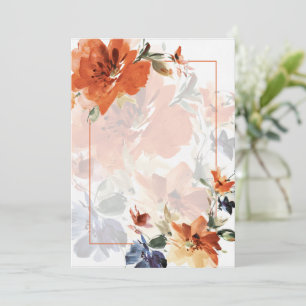 Orange & blue watercolor fall floral blank wedding invitation