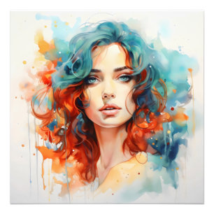 Orange Blue Watercolor Woman Photo Print