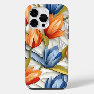 ORANGE BLUE WHITE 3-D LOOK TULIP FLOWERS iPhone 14 PRO MAX CASE