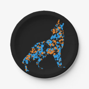 Orange Blue Wolf Splattered Paint Paper Plate