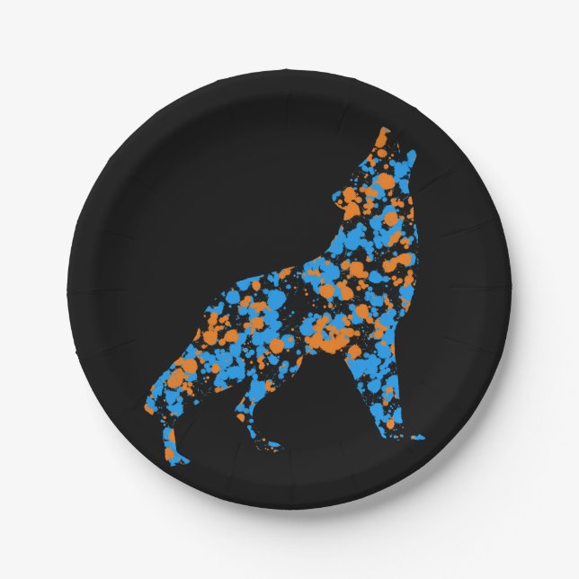 Orange Blue Wolf Splattered Paint  Paper Plate (Front)