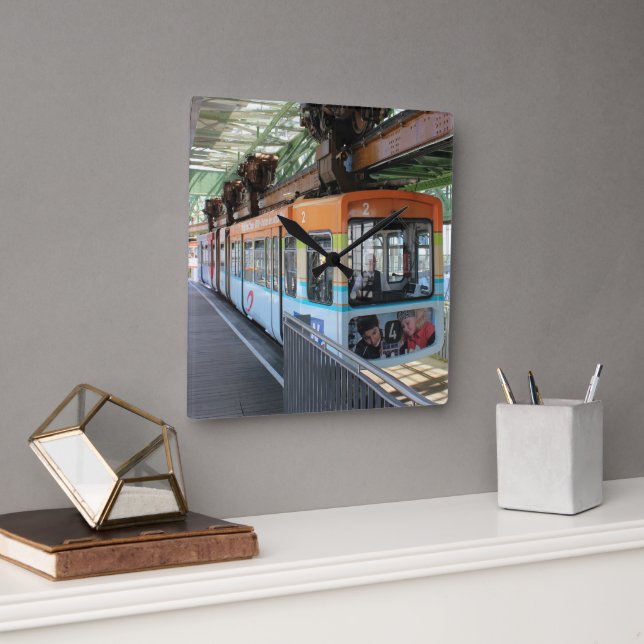 Orange Blue Wuppertal Floating Train Square Wall Clock (Office)