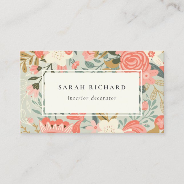 Orange Blush Teal Blue Green Lace Ambrosia Floral Business Card (Front)