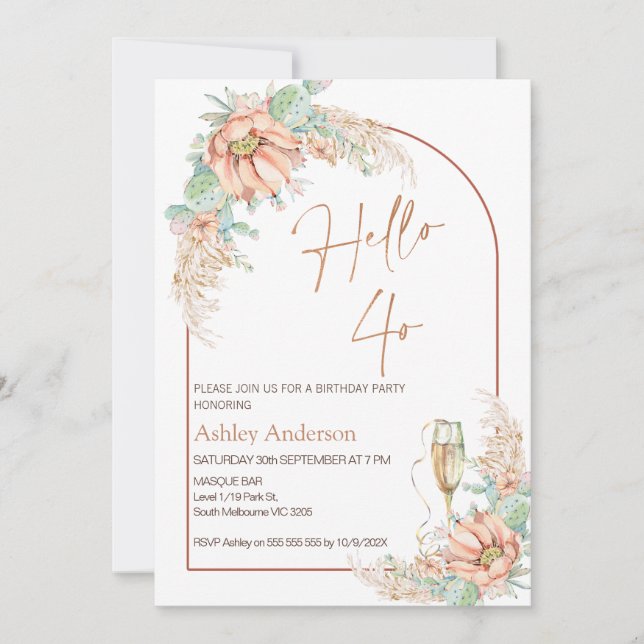 Orange Boho Cactus 40th Birthday Party Invitation (Front)