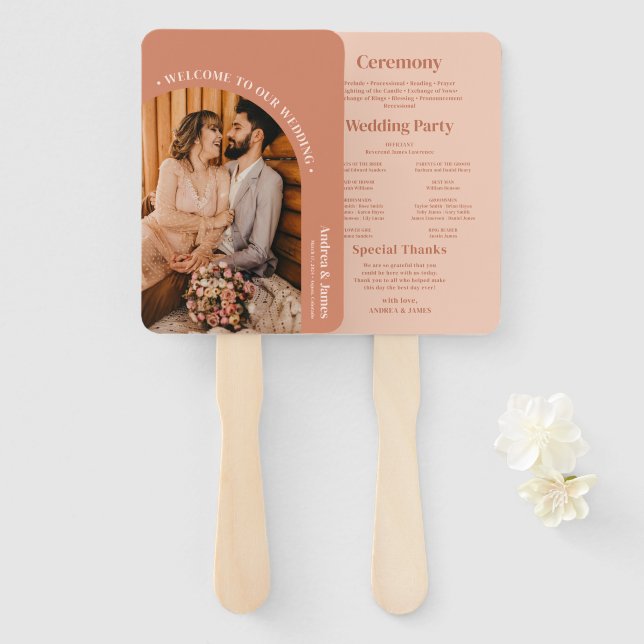 Orange Boho Disco Photo Wedding Program Hand Fan (Front and Back)