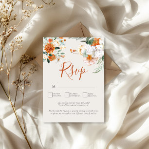 Orange Boho Fall Floral QR Code Wedding RSVP Card