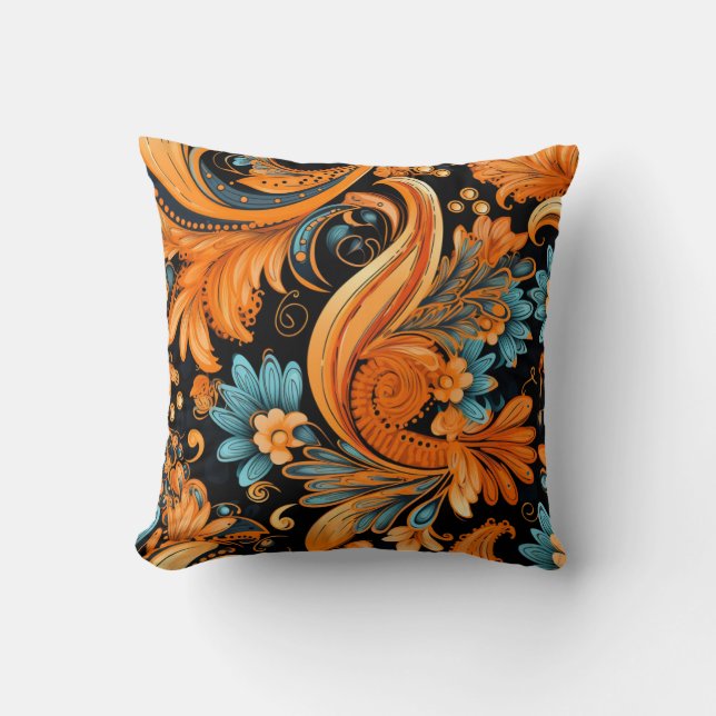 Orange Boho Paisley Seamless Pattern Cushion (Front)