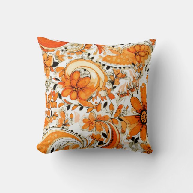 Orange Boho Paisley Seamless Pattern Cushion (Front)