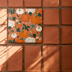 Orange Boho Pumpkin Autumn Floral Pattern Ceramic Tile