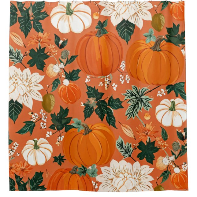 Orange Boho Pumpkin Autumn Floral Pattern Shower Curtain (Front)